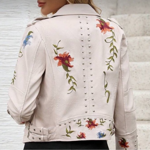 Floral Studded Moto Jacket Beige Faux Leather Embroidered Biker Style Jacket - Picture 2 of 9